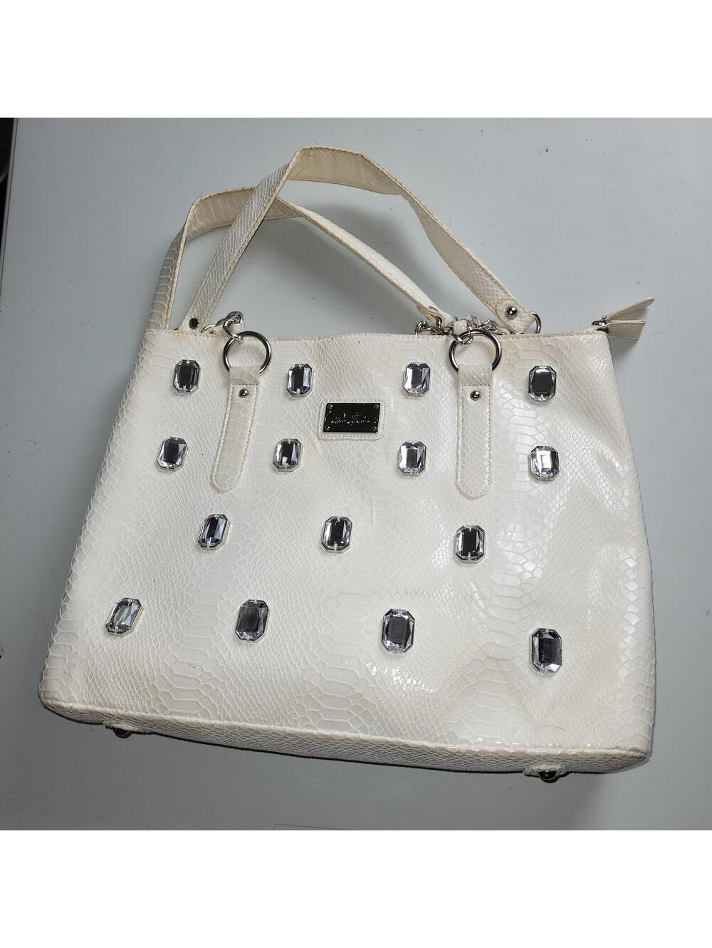 DG2 by Diane Gilman White Faux Leather Tote Bag with Rhinestones